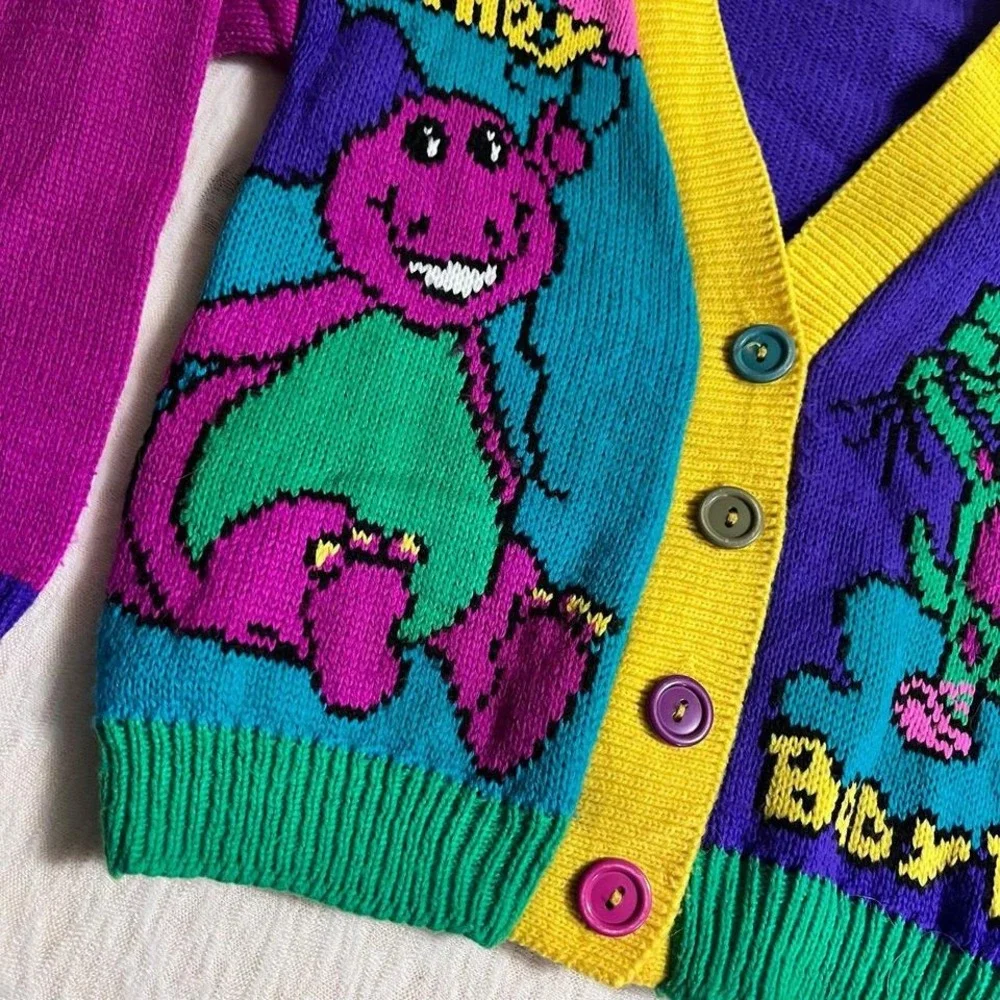 Vintage 1992 Barney Baby‎ Bop Cardigan Sweater Kids Size 6 Colorful USA Rare